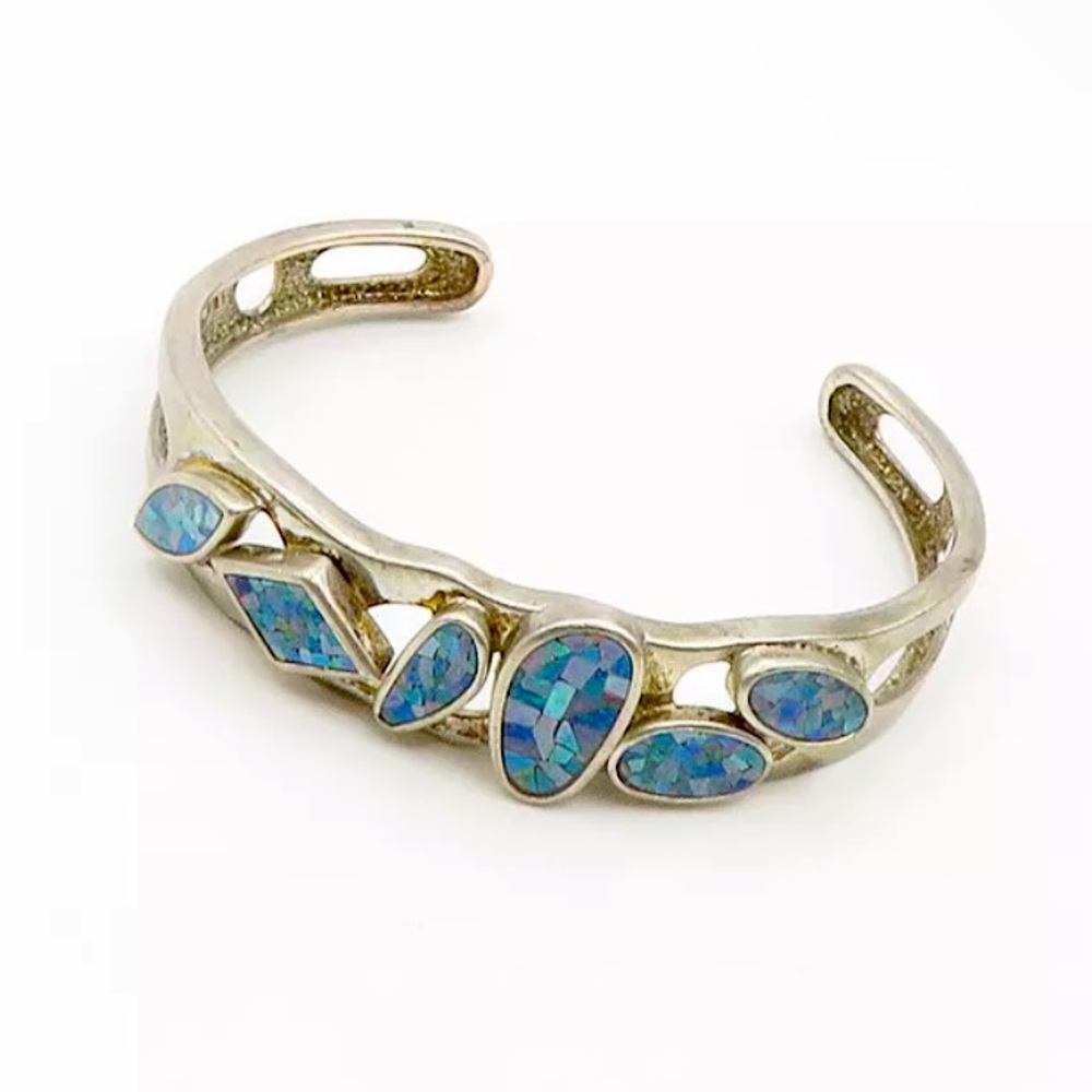 Whitney Kelly Vintage Opal Mosaic Sterling Silver 925 Cuff Bracelet EC
